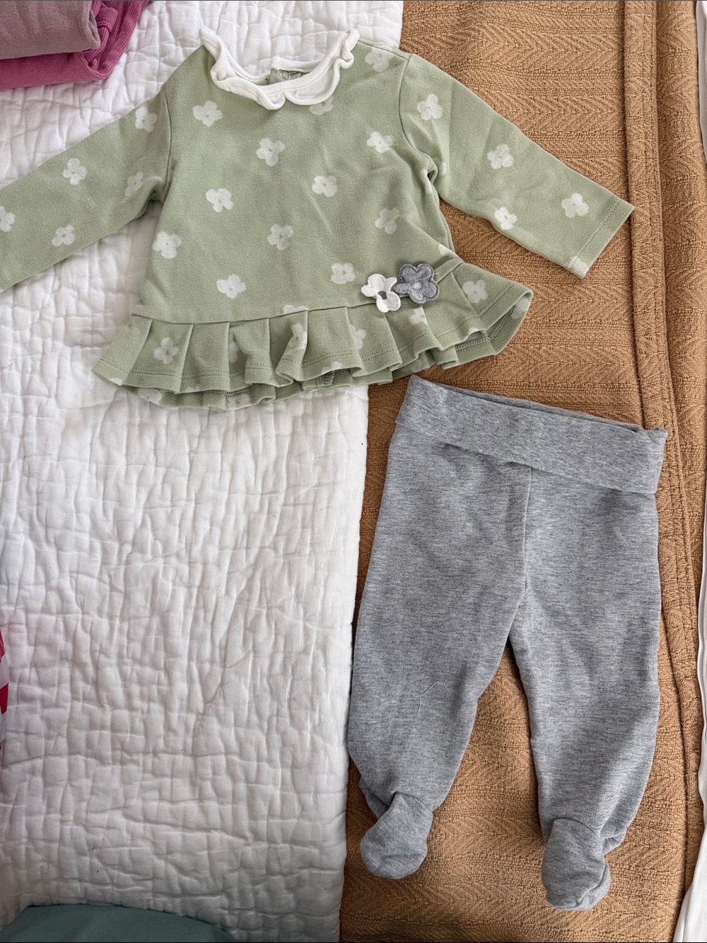 Mayoral Green Floral Peplum Kids Top with Gray Footed Pants